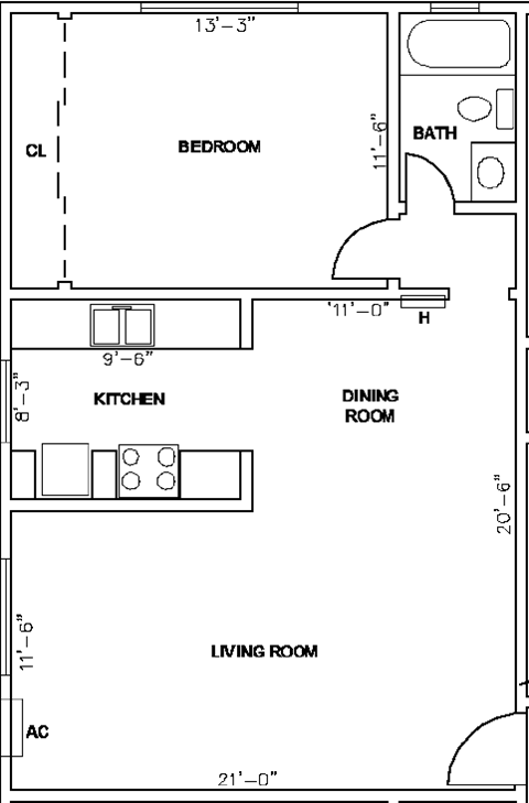Floor plan for 1 bed, 1 bath, 672 sqft